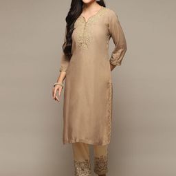 Biba Floral Yoke Design Sweetheart Neck Thread Work Straight Kurta With Trouser-picture-46