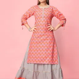 Aarika Girls Ethnic Motifs Printed Pure Cotton Kurta With Skirt-image-47