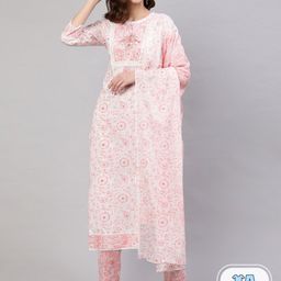 Mizaz Ethnic Motifs Printed Zardozi Pure Cotton Kurta With Trousers & Dupatta-image-90