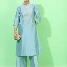 Vishudh Women Turquoise Blue Striped Kurta with Trousers-picture-54