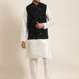 SOJANYA Mandarin Collar Straight Regular Kurta With Churidar & Nehru Jacket-picture-14