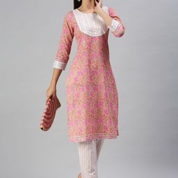 SHOWOFF Floral Printed Sequinned Kalamkari Kurta with Trousers-53