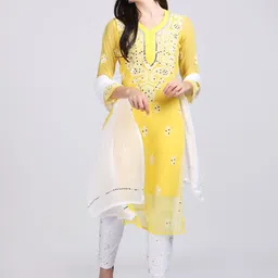 KHAKA Floral Embroidered Round Neck Chikankari Sraight Kurta with Trousers & Dupatta-picture-34