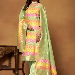 Sangria Green Woven-Designed V-Neck Chanderi Silk Straight Kurta With Trouser & Dupatta-54