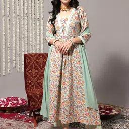 Varanga Floral Printed Empire Mirror Work Kurta With Trousers & Dupatta-17