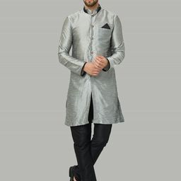 Kaifoo Men Silver Silk Blend Mandarin collar Kurta with Pyjamas-picture-36