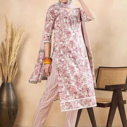 Anouk Mauve Floral Printed Pure Cotton Kurta with Palazzos & Dupatta image 5