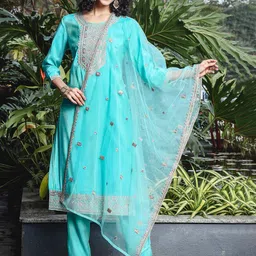 Anouk Blue Ethnic Motifs Embroidered Notch-Neck Straight Kurta With Trouser & Dupatta-picture-4