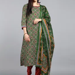 AHIKA Women Green Printed Regular Pure Cotton Kurta with Trousers & With Dupatta-image-55