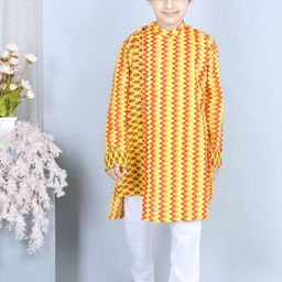 Kinder Kids Boys Yellow Striped Angrakha Kurta with Pyjamas-14