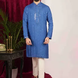 sven suits Floral Embroidered Mandarin Collar Mirror Work Dupion Silk Kurta with Trouser-picture-15