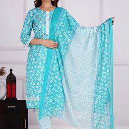 JAIPURI COLLECTION Floral Printed Regular Pure Cotton Kurta With Pyjamas & Dupatta-image-11