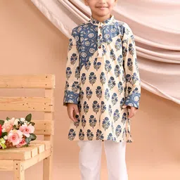 Sangria Boys Blue Floral Printed Pure Cotton Straight Kurta With Pyjama-picture-57