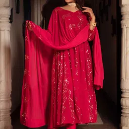 Calmna Women Embroidered Sequinned Kurta with Trousers & Dupatta-image-66