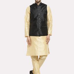 Kaifoo Men Gold-Toned Black Kurta with Churidar Nehru Jacket-48