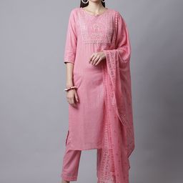 Rajnandini Women Pink Floral Embroidered Pure Cotton Kurta with Trousers & Dupatta-image-71