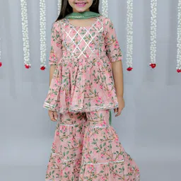 Ka-mee Girls Floral Printed Gotta Patti Pure Cotton Kurti & Sharara With Dupatta-picture-44