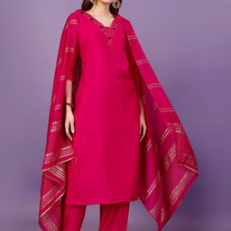 WINE LADY Ethnic Motifs Yoke Design Straight Kurta With Palazzos & Dupatta-image-96