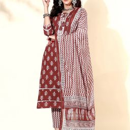 Anouk Maroon & White Ethnic Printed Pure Cotton Straight Kurta With Trousers & Dupatta-image-63