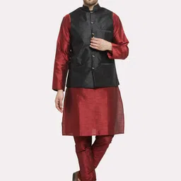 Kaifoo Men Maroon Kurta Set With Nehru Jacket-picture-51