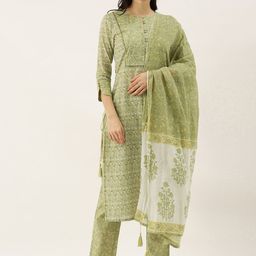 KALINI Floral Printed Regular Pure Cotton Kurta With Trousers & Dupatta-12