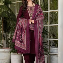 KALINI Floral Yoke Design Sequinned Straight Kurta With Trousers And Dupatta-6
