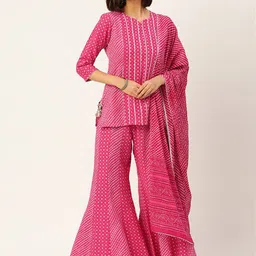 HERE&NOW Women Pink Leheriya Printed Pure Cotton Kurti With Palazzo And Dupatta-16