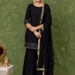 KASYA Embroidered Regular Sequinned Kurta with Sharara & Dupatta-picture-15