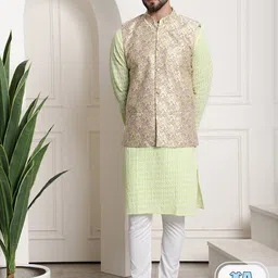 SOJANYA Ethnic Motifs Embroidered Pure Cotton Straight Kurta With Churidar & Nehrujacket-picture-20