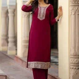 Navlik Floral Embroidered Sequinned Straight Kurta & Trousers With Dupatta-image-35