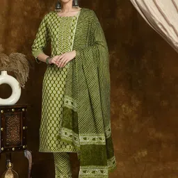 VIDHANI Round Neck Floral Printed Straight Kurta with Trouser & Dupatta-picture-27