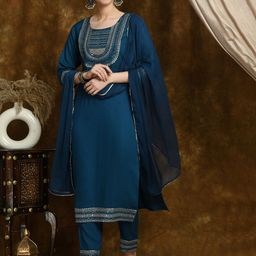 VIDHANI Round Neck Ethnic Motifs Embroidered Kurta with Trouser & Dupatta-picture-24