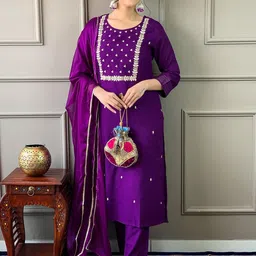 KALINI Floral Embroidered Straight Kurta with Trousers & Dupatta-picture-23