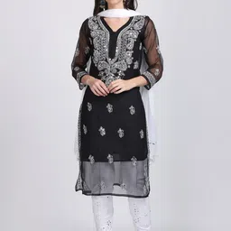 KHAKA Ethnic Motifs Embroidered V-Neck Chikankari Straight Kurta with Trousers & Dupatta-picture-17