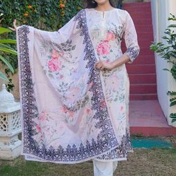 Vbuyz Off White Floral Printed Notch Neck Straight Kurta With Trousers & Dupatta-image-41