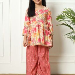 Readiprint Fashions Girls Floral Printed Pleated Gotta Patti Pure Silk Kurti With Palazzo-21