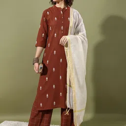 Vishudh Ethnic Motifs Printed Pure Cotton Straight Kurta With Palazzos & Dupatta-picture-12