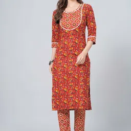 JAHIDA COMFORT WITH STYLE Floral Printed Pure Cotton Straight Kurta With Trousers-image-64