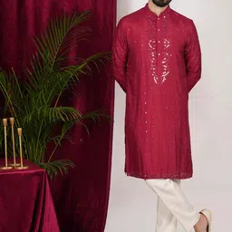 sven suits Floral Embroidered Mandarin Collar Mirror Work Dupion Silk Kurta with Trouser-image-33