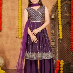 Aarika Girls Floral Embroidered Regular Sequinned Kurta With Palazzos & Dupatta-picture-0