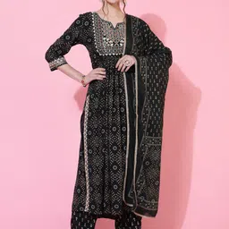 GULMOHAR JAIPUR Ethnic Motifs Printed Pleated Thread Work Kurta with Trousers & Dupatta-picture-54