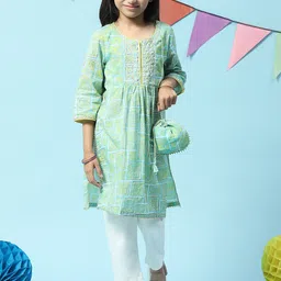 Biba Girls Geometric Printed Thread Work Pleated Kurta With Trousers-picture-37
