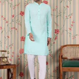 Ode by House of Pataudi Floral Embroidered Mandarin Collar Thread Work Kurta with Trousers-image-34