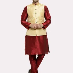 Kaifoo Men Maroon and Cream colour Kurta Set With Nehru Jacket-21
