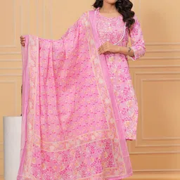 KALINI Floral Printed Thread Work Pure Cotton Straight Kurta With Trousers & Dupatta-picture-45
