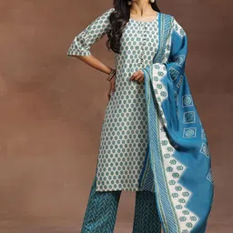 Libas Floral Printed Round Neck Regular Kurta With Trousers & Dupatta-picture-13