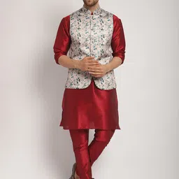Kaifoo Mandarin Collar Regular Kurta with Churidar with Printed Nehru Jacket-15