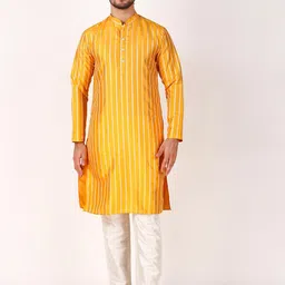 Koshin Striped Mandarin Collar Regular Straight Kurta With Pyjamas-picture-7