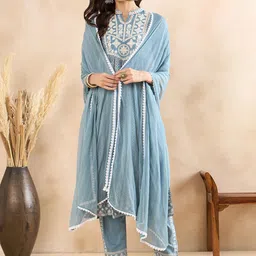 Anouk Ethnic Motifs Embroidered Pleated Thread Work Kurta With Trousers & Dupatta image 3