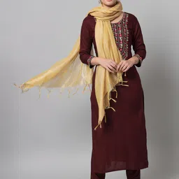 Tulsattva Women Burgundy Floral Embroidered Thread Work Kurta with Trousers & With Dupatta-picture-26